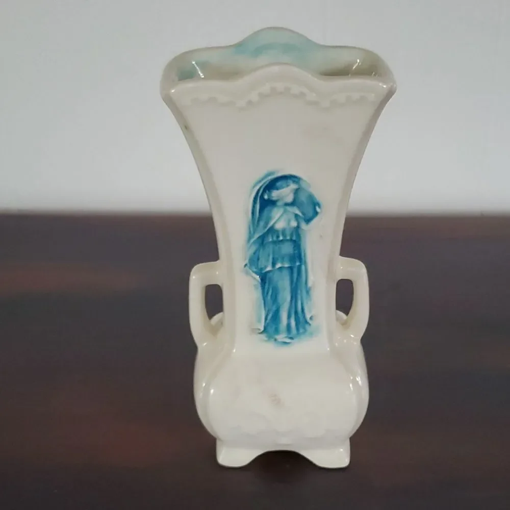 Vintage Ornate Glazed Ceramic White Vase w/Handles